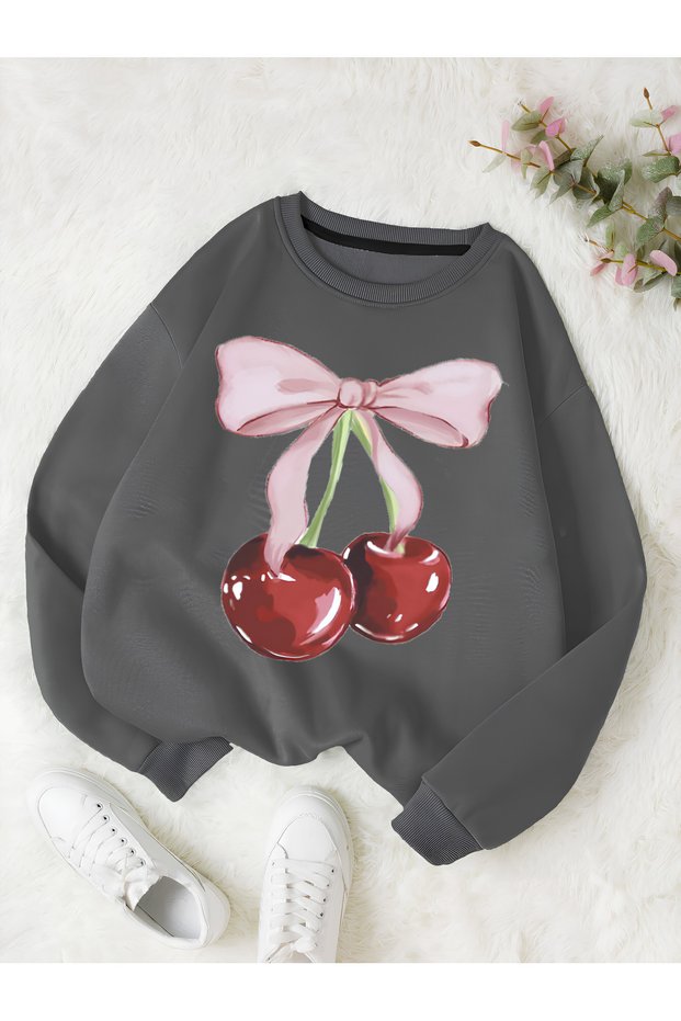 Unisex Women/Men Cherries Custom Printed Colorful Oversize Crew Neck Cotton Sweatshirt