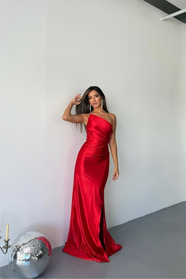 Örme Saten Parlak Tek Omuz Düz Abiye Elbise Dar Kalıp - 5