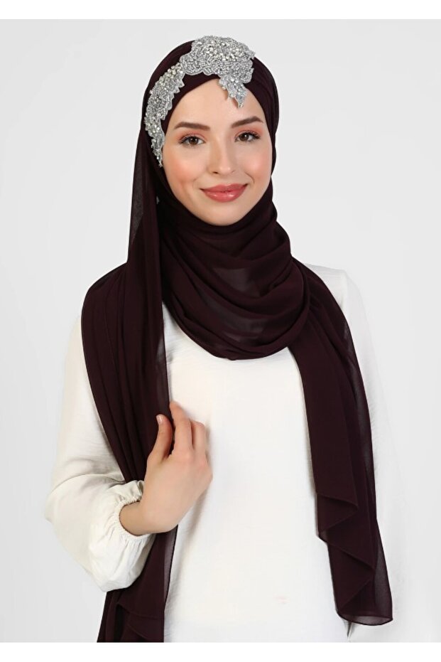 Flora El İşlemesi Şifon Şal - Koyu Mürdüm - 3