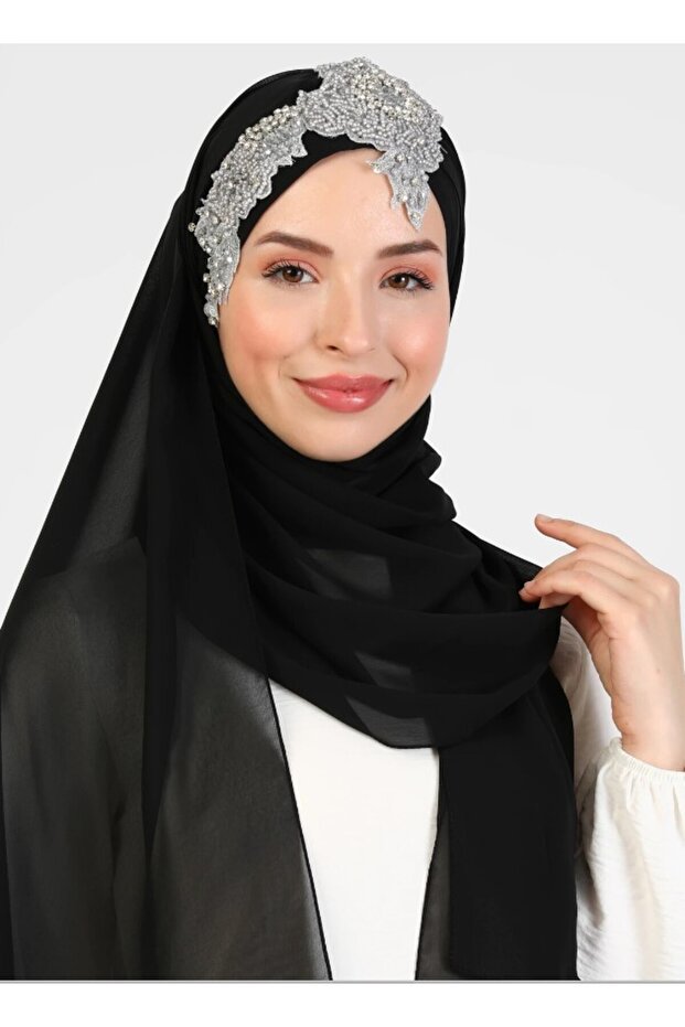 Flora El İşlemesi Şifon Şal - Siyah - 5