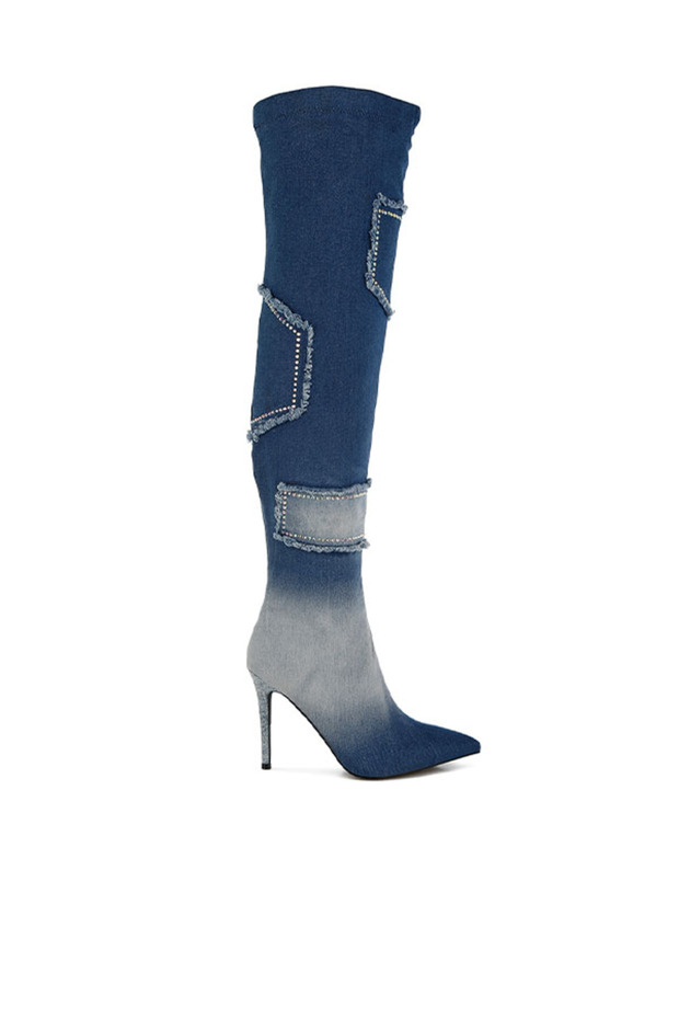 Women Rhinestones Knee High Denim Boots in Dark Blue