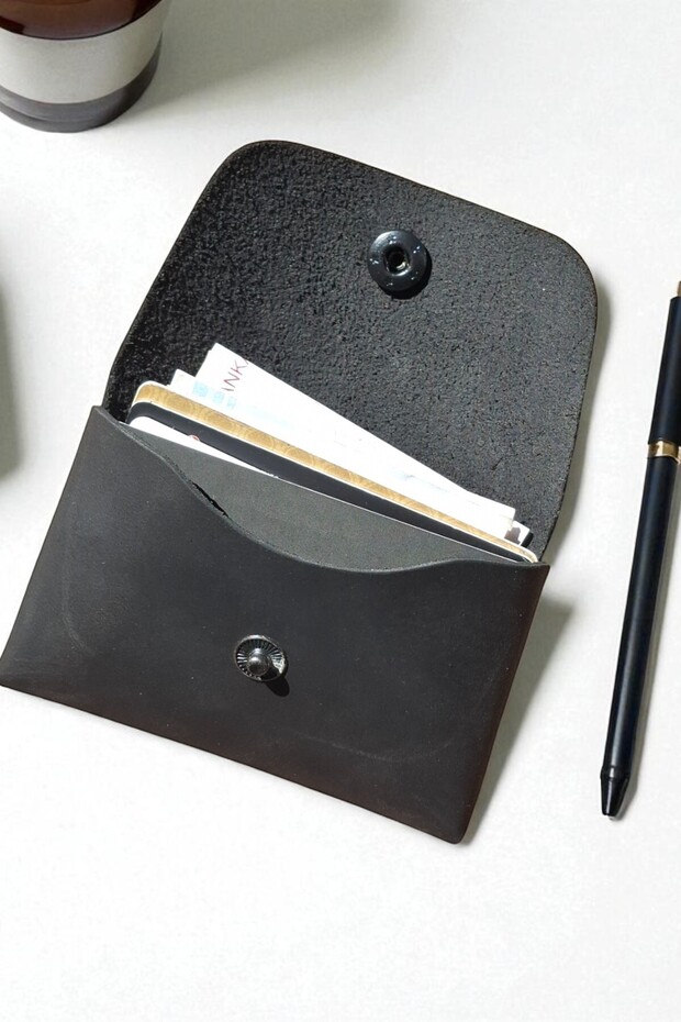 Black Genuine Leather Card Holder Seamless Small Wallet / Snap Closure Horizontal Business Card Holder / Men Women Card Holder