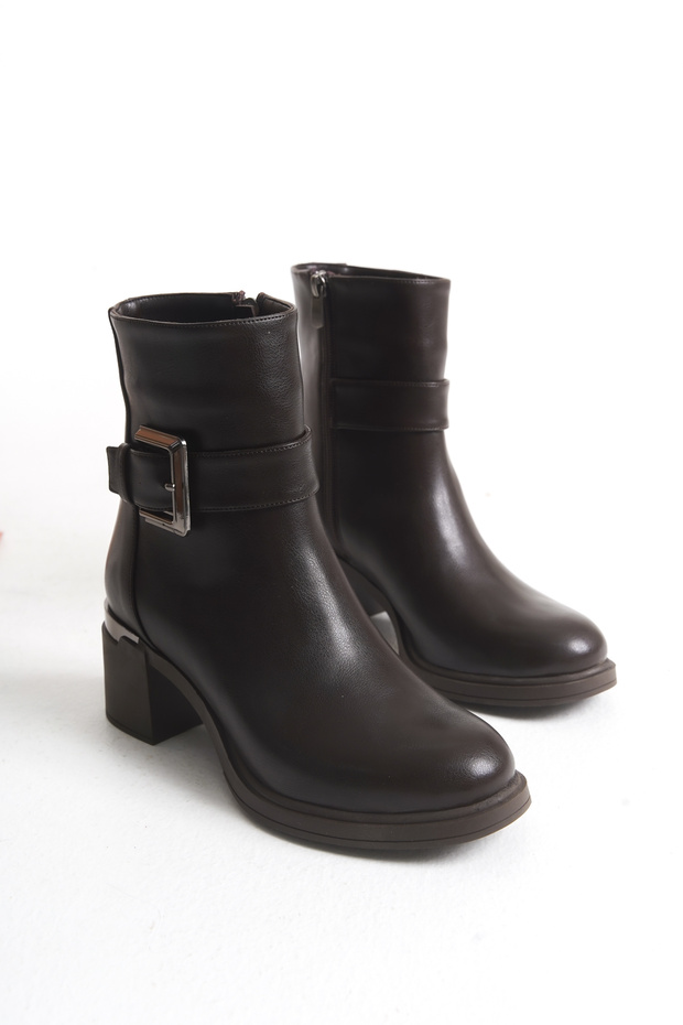 Women's Metal Buckle and Metal Thick Heeled Boots - Stylish Winter Boots with Side Zipper and Thermo Sole