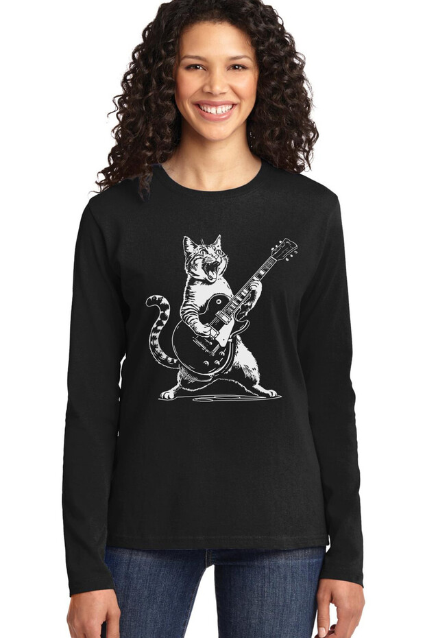 Sarman Rock Black Long Sleeve Relax Fit Combed Cotton Women's T-Shirt