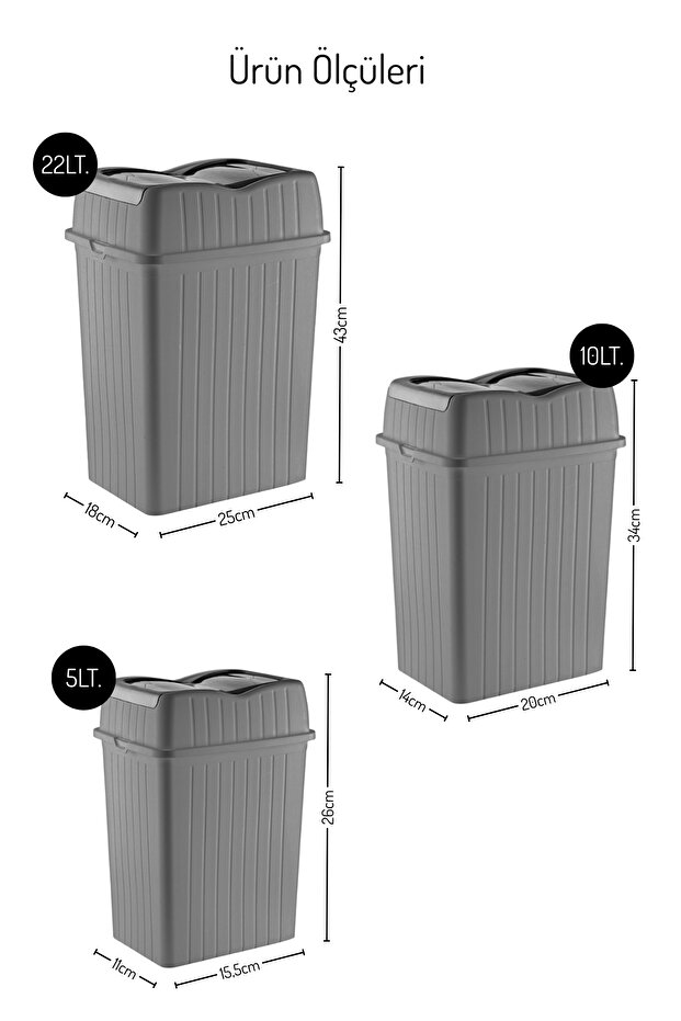3 Adet Çift Kapaklı Çöp Kovası Seti - Mutfak ve Banyo İçin Çöp Kutusu - 22-10-5Lt. - 3