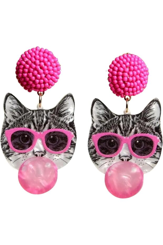 Funny Cute Bubble-Blowing Cat Earrings – Creative Kitty with Glasses, Acrylic Drop Dangle Earrings