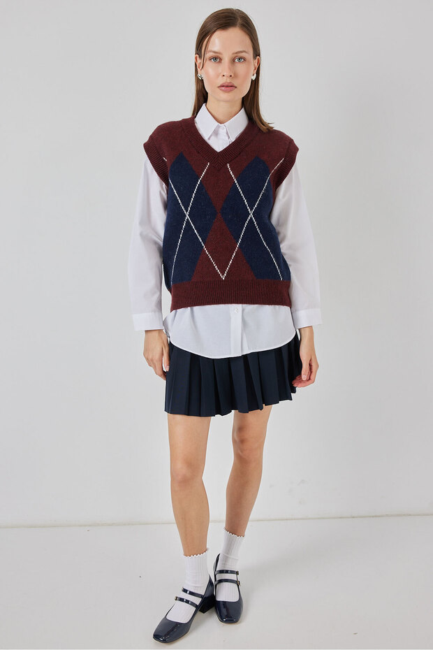 Damen-Pullover mit Rautenmuster 15940 – Weinrot - 2