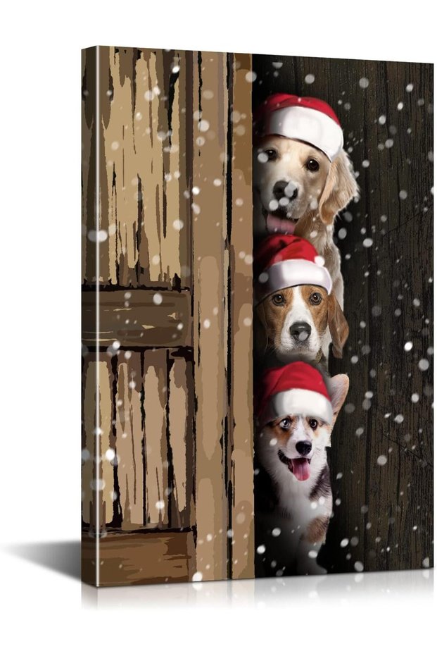 ALAYRA Christmas Wall Art Canvas Tree & Dogs Design 40x60 cm for Home & Holiday Décor