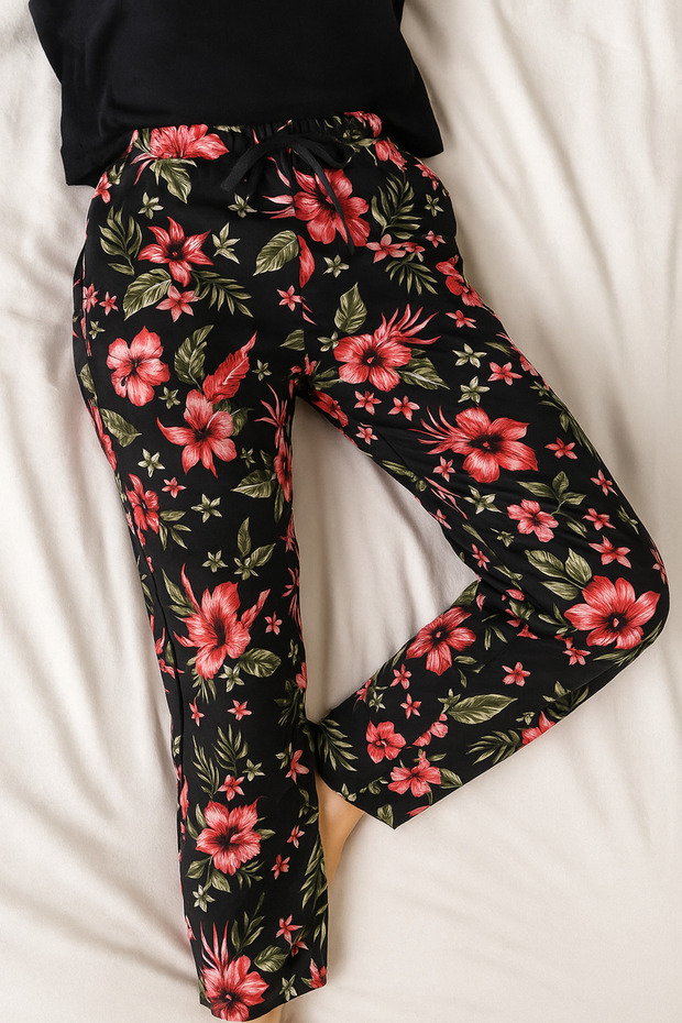 Siyah Çiçek Desenli Tek Alt Pijama - 4
