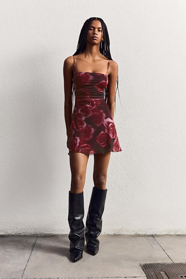 Desenli mini elbise - 4