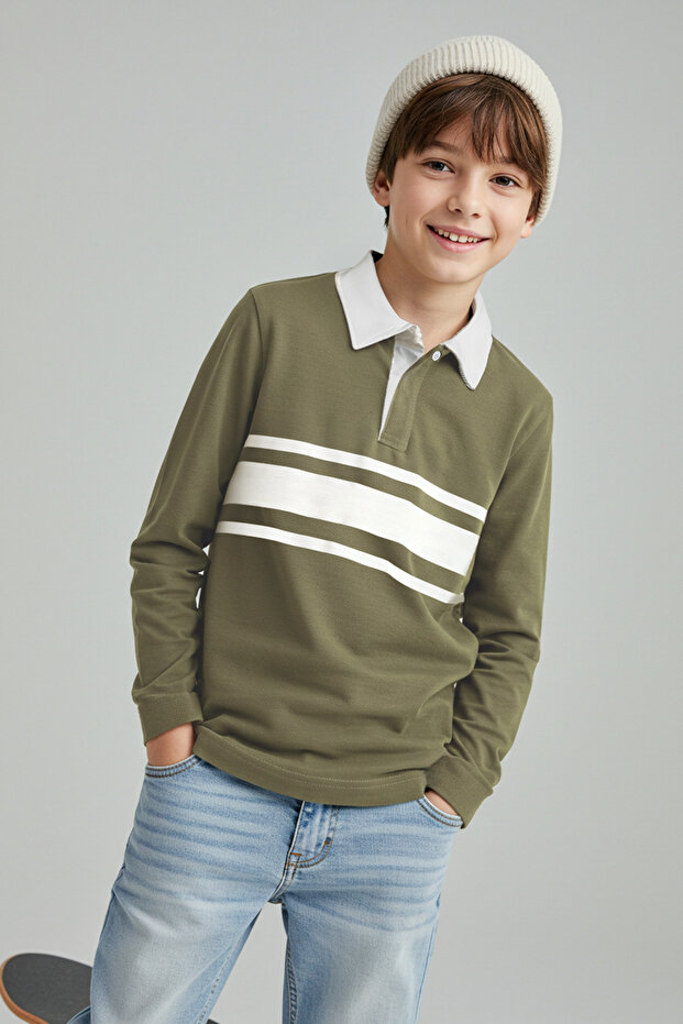 Yeşil 100% Pamuk Düz/Basic Polo Yaka Regular Örme Erkek Çocuk T-Shirt TKDAW26TS00003 - 1