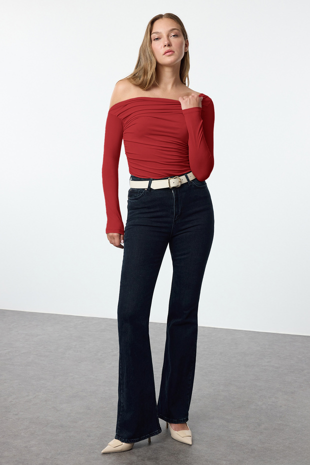 Kırmızı Büzgü/Drape Detaylı Fitted/Vücuda Oturan Uzun Kollu Esnek Örme Bluz TWOAW25BZ00248 - 2