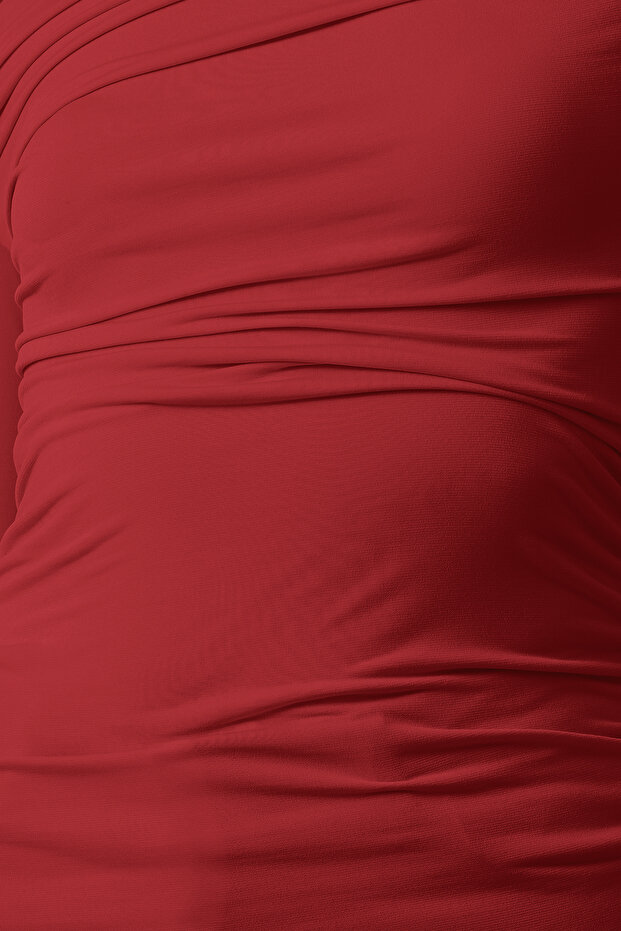 Kırmızı Büzgü/Drape Detaylı Fitted/Vücuda Oturan Uzun Kollu Esnek Örme Bluz TWOAW25BZ00248 - 4