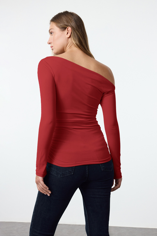 Kırmızı Büzgü/Drape Detaylı Fitted/Vücuda Oturan Uzun Kollu Esnek Örme Bluz TWOAW25BZ00248 - 5