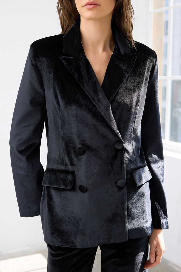 Siyah Kruvaze Regular/Normal Kalıp Dokuma Kadife Blazer Ceket TWOAW26BC00015 - 3
