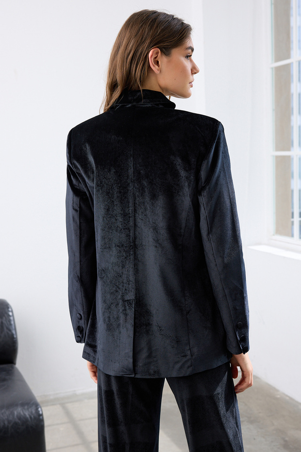 Siyah Kruvaze Regular/Normal Kalıp Dokuma Kadife Blazer Ceket TWOAW26BC00015 - 4