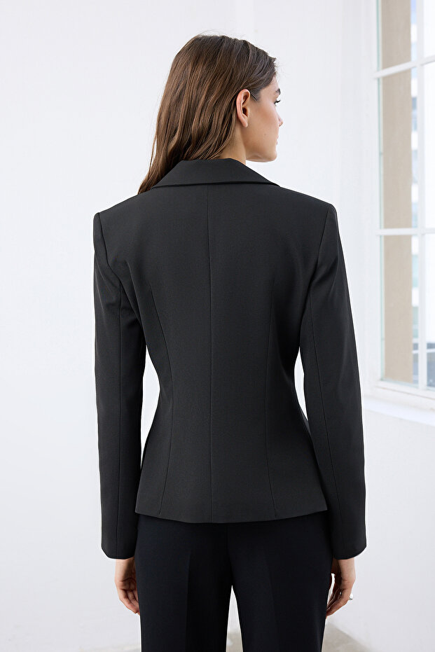 Siyah Aksesuar Kapamalı Fitted/Vücuda Oturan Dokuma Blazer Ceket TWOAW26BC00012 - 4