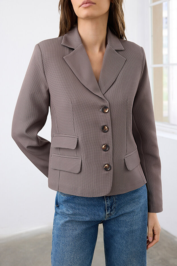 Kahverengi Ekoseli Fitted/Bele Oturan Dokuma Blazer Ceket TWOAW26BC00010 - 4