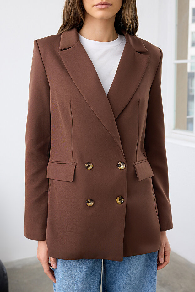 Kahverengi Oversize Astarlı Düğmeli Dokuma Blazer Ceket TWOAW22CE0167 - 3