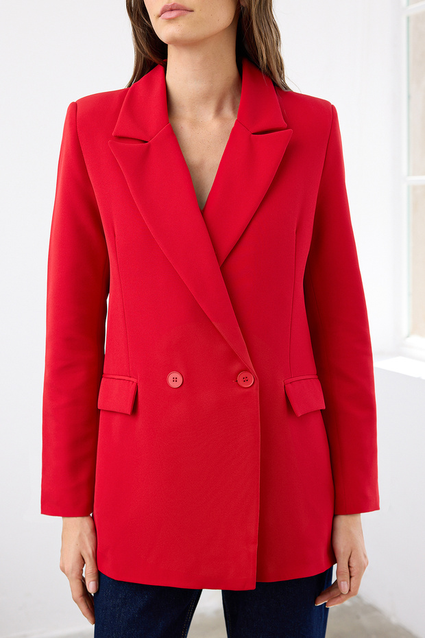 Kırmızı Regular Astarlı Kruvaze Kapama Dokuma Blazer Ceket TWOSS20CE0059 - 3