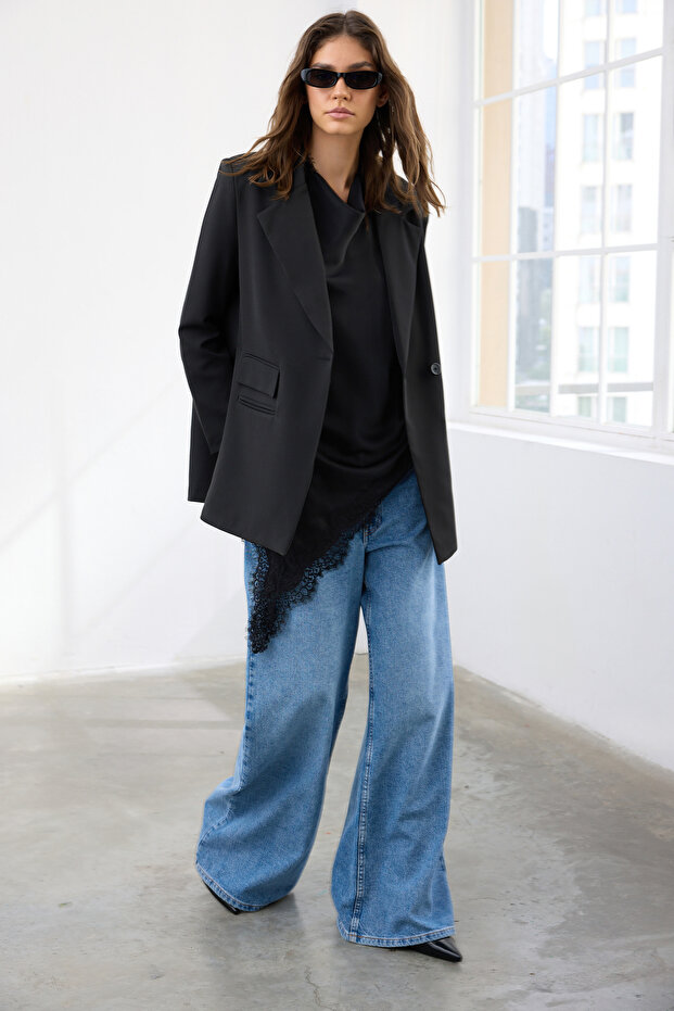 Siyah Oversize Cep Detaylı Dokuma Blazer Ceket TWOAW24BC00070 - 1