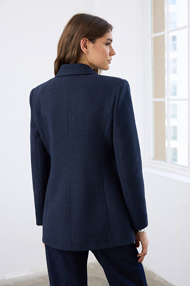 Lacivert Kaşe Balıksırtı Kruvaze Fitted/Vücuda Oturan Kalıp Dokuma Blazer Ceket TWOAW26BC00037 - 4