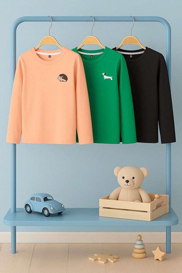 Turuncu-Yeşil-Siyah 100% Pamuk 3'lü Animal Baskı Regular Örme Unisex Çocuk T-Shirt TKDAW26TS00009 - 2