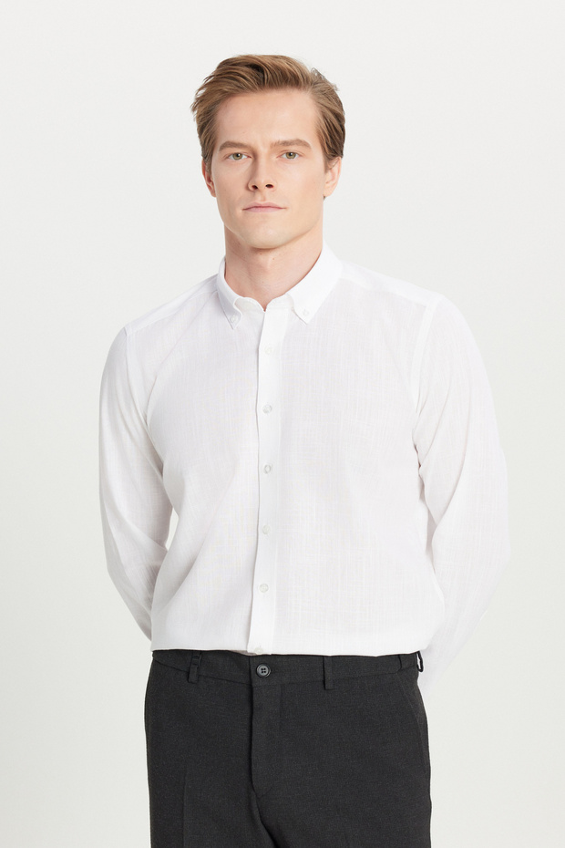 Erkek Beyaz Keten Görünümlü %100 Pamuk Nefes Alabilen Kumaş Flamlı Slim Fit Düğmeli Yaka Gömlek - 4