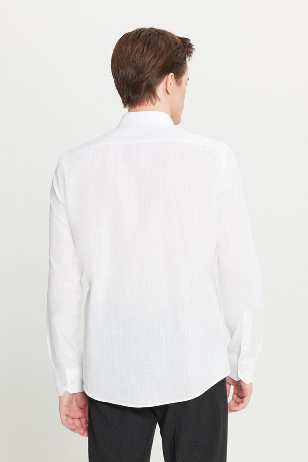 Erkek Beyaz Keten Görünümlü %100 Pamuk Nefes Alabilen Kumaş Flamlı Slim Fit Düğmeli Yaka Gömlek - 7