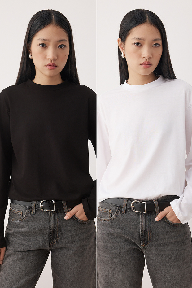 Siyah-Beyaz 2'li Paket %100 Pamuk Regular Kalıp Uzun Kollu Dik Yaka Örme T-Shirt TWOAW26TS00006 - 1
