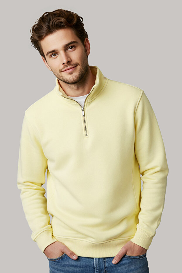 Sarı Regular/Normal Kesim Dik Yaka Fermuarlı Pamuklu Basic İçi Polarlı Sweatshirt TMNAW24SW00041 - 5