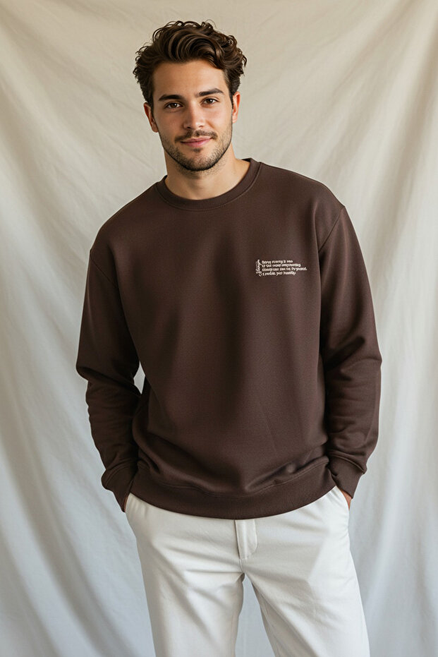 Kahverengi Oversize/Geniş Kesim Uzun Kol Yazı Nakışlı Sweatshirt TMNAW24SW00164 - 5