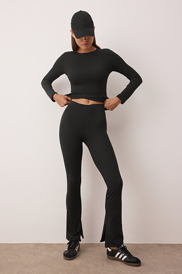 Siyah Flare/İspanyol Paça Yoga Örme Spor Tayt THMAW26TY00011 - 3