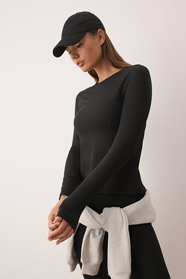 Siyah Dikiş Detaylı Dalgıç/Scuba Kumaş Spor Örme Üst/Bluz THMAW26BZ00004 - 1