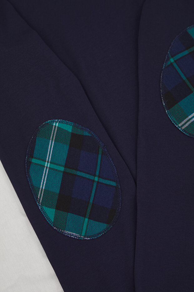 Lacivert Regular Kesim Ekose/Kareli Kolu Patch Detaylı Cepli Örme Pijama Takımı TMNAW26PT00020 - 4