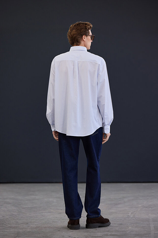 Trendyol Studio Collection Ekru Çizgili Oversize Fit Erkek Gömlek TMNAW26GO00013 - 7