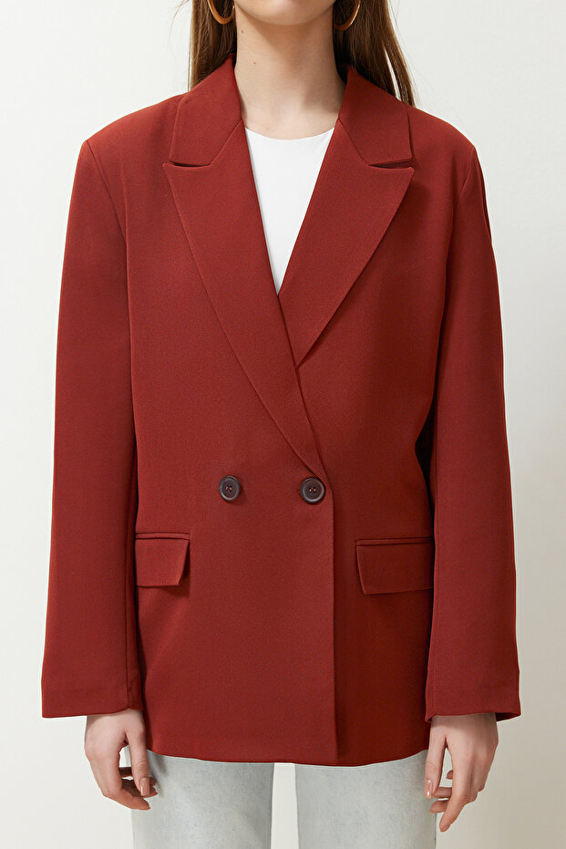 Bordo Kiremit Oversize Düz Kesim Basic Kruvaze Dokuma Blazer Ceket TWOSS24BC00028 - 4
