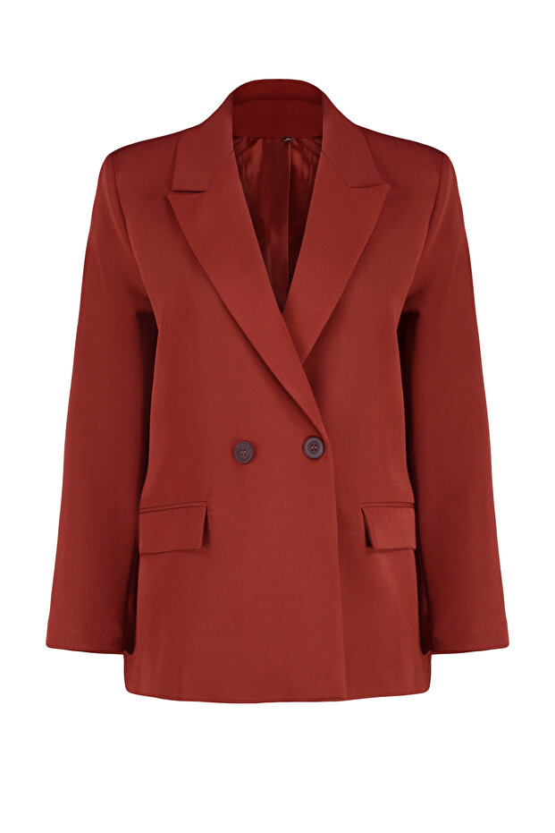 Bordo Kiremit Oversize Düz Kesim Basic Kruvaze Dokuma Blazer Ceket TWOSS24BC00028 - 7