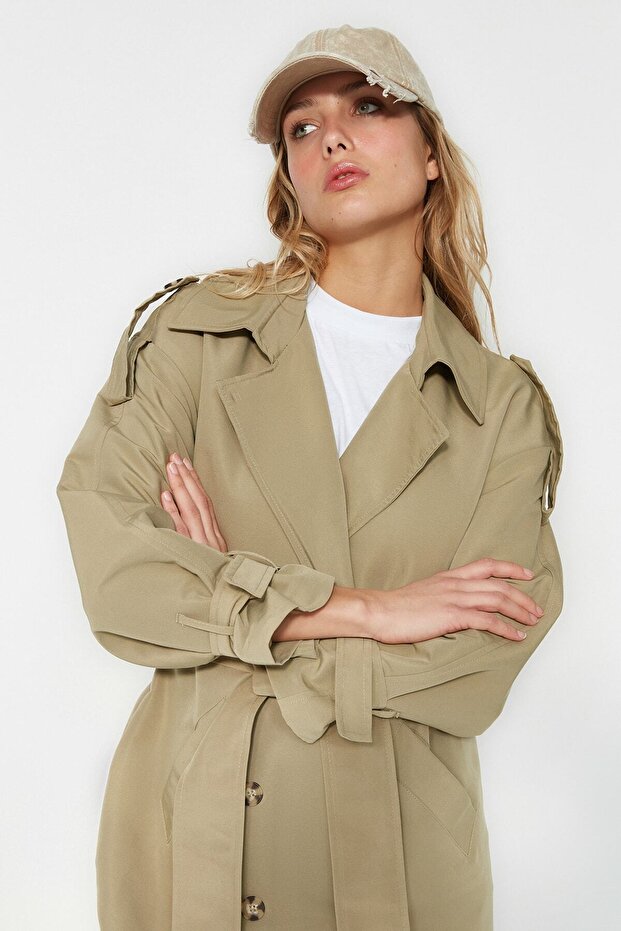 Lehký khaki dvouřadý oversize dlouhý trenčkot TWOAW26TR00010 - 4