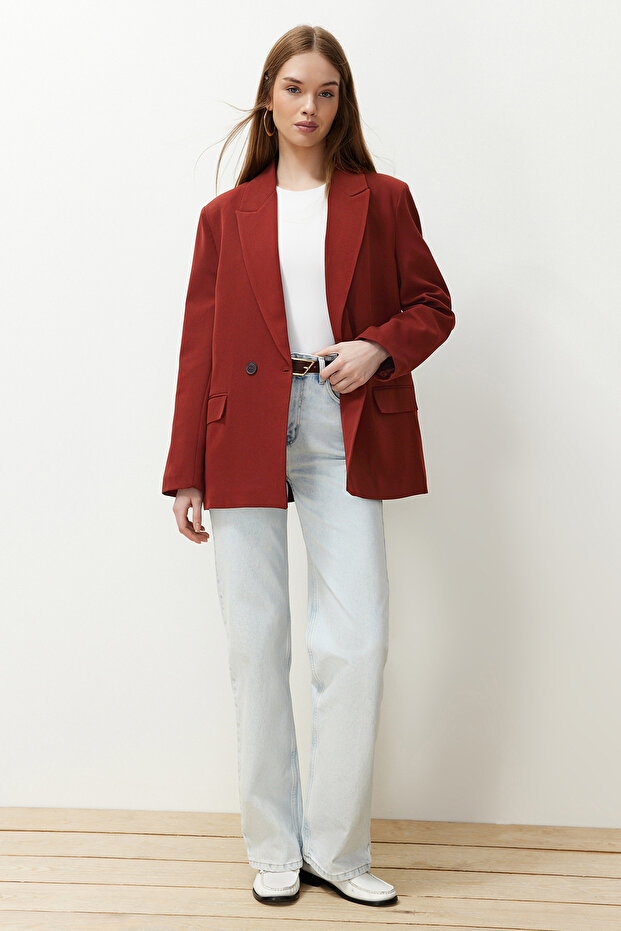 Bordo Kiremit Oversize Düz Kesim Basic Kruvaze Dokuma Blazer Ceket TWOSS24BC00028 - 2