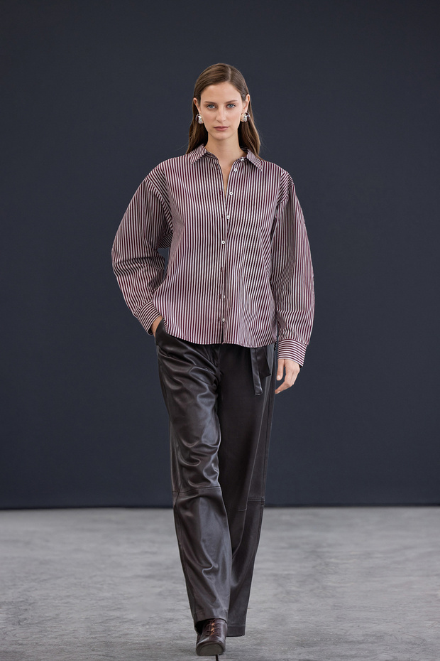 Trendyol Studio Bordo-Çok Renkli Çizgili Oversize Pamuklu Poplin Gömlek TWOAW26GO00107 - 2