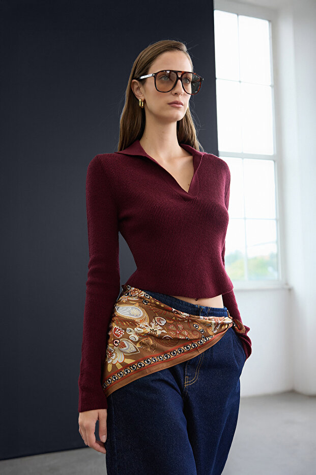 Trendyol Studio Bordo Yumuşak Dokulu Polo Yaka Vücudu Saran Yünlü Triko Kazak TWOAW26KZ00248 - 1