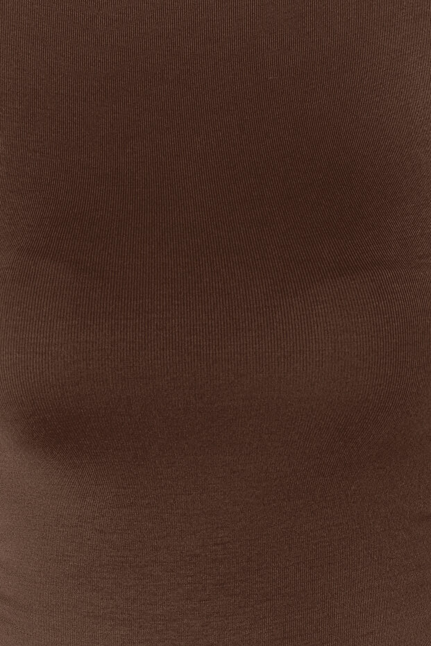 Kahverengi Dik Yaka Büzgü/Drape Detaylı Fitted/Vücuda Oturan Asimetrik Örme Bluz TWOSS24BZ00534 - 3