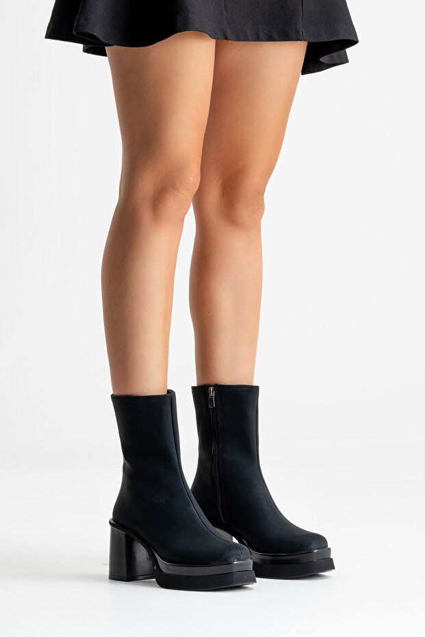VALEN Siyah Nubuk Kadın Platform Topuklu Bot - 7