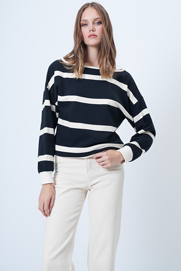 Women's Navy Blue Ecru Boat Neck Regular Fit Striped Blouse Alc-X14660