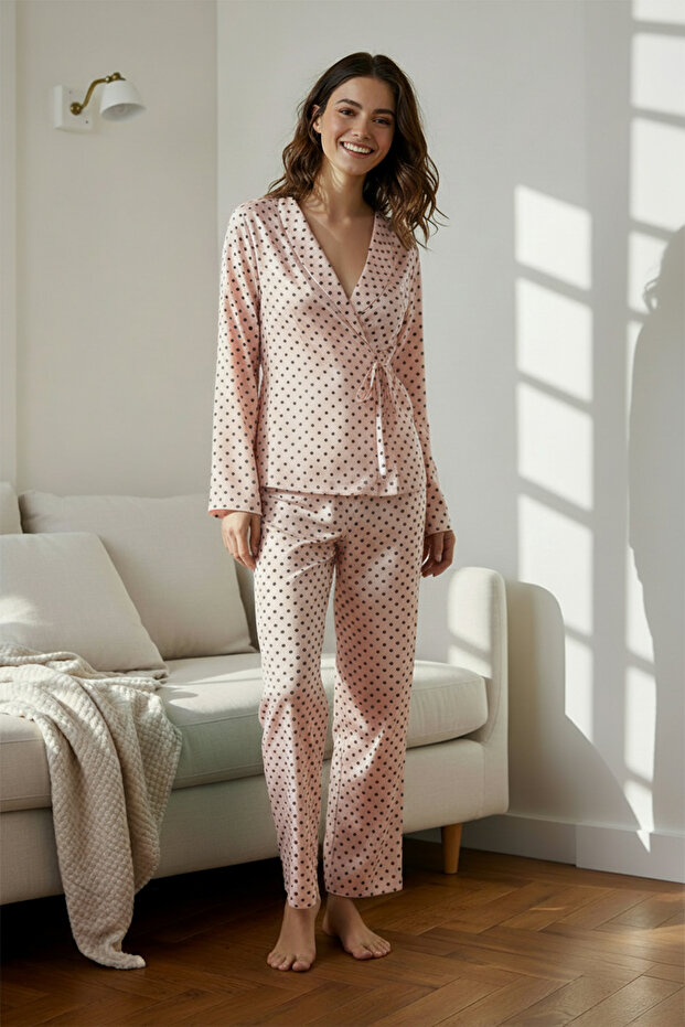 Pudra Kalpli Bağlama Detaylı Viskon Dokuma Pijama Takımı THMAW22PT0300 - 1