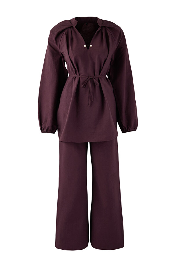 Bordo Toka Detaylı Oversize Modal Kumaş Dokuma Alt - Üst Takım TCTAW26US00058 - 6