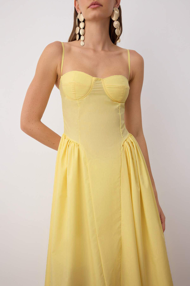 Sarı A-Kesim Poplin Dokuma Midi Elbise TPRSS24EL00294 - 3