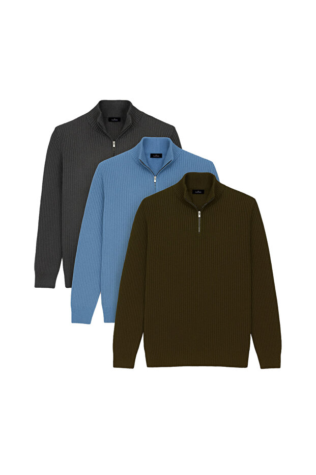 Men's 3-Pack Khaki-Smoke-Blue Slim Fit Slim-Fit Zippered Stand-Up Collar Knitwear Sweater