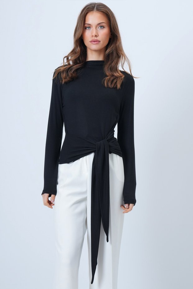 Black High Neck Belted Blouse Alc-X14652